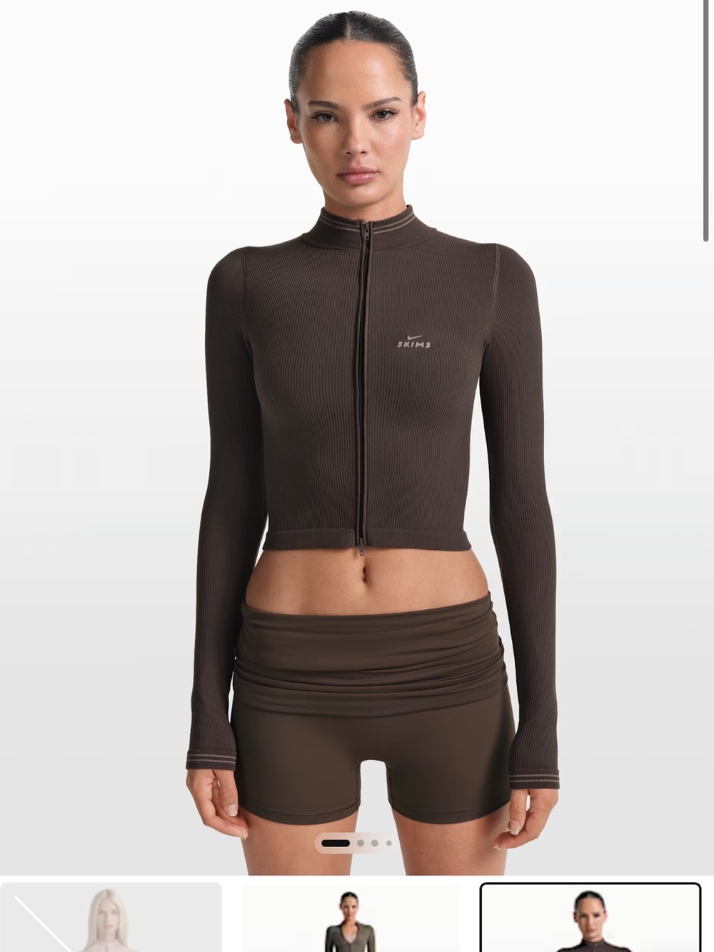 SKIMS Chocolate Ribbed Zip-Front Long Sleeve Crop Top
